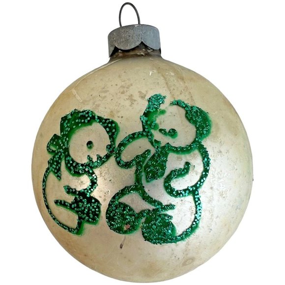 3 Vintage Shiny Brite Christmas Ornaments Teddy Bear Stencil Glitter Green White - Picture 3 of 12